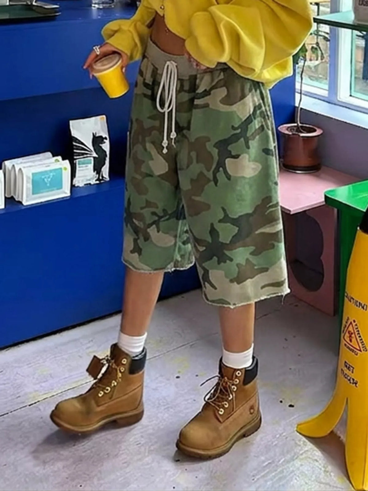 Camouflage Drawstring Shorts in green, front view