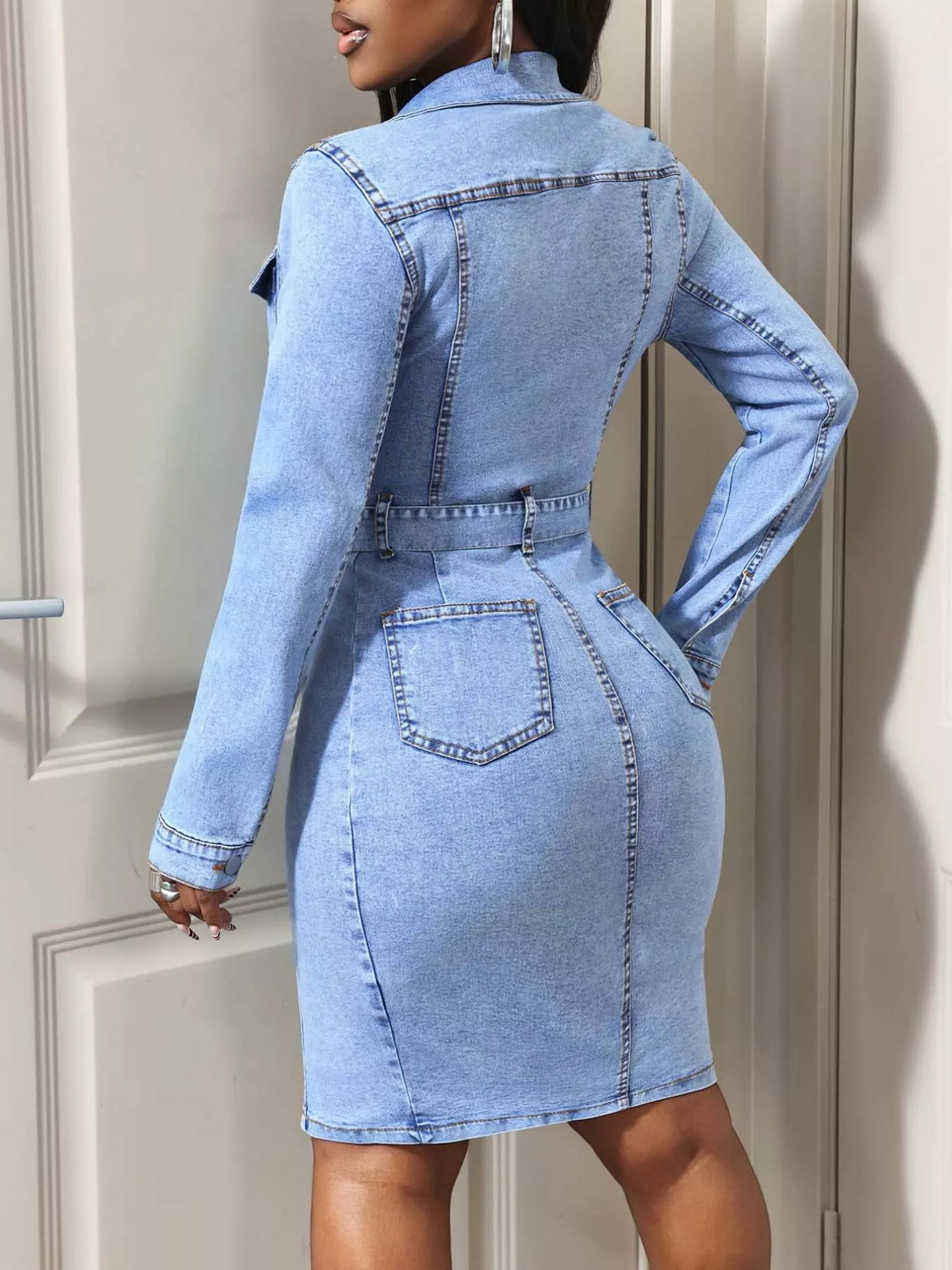 Women's Button-Down Tie Waist Denim Dress in Blue, full-length view