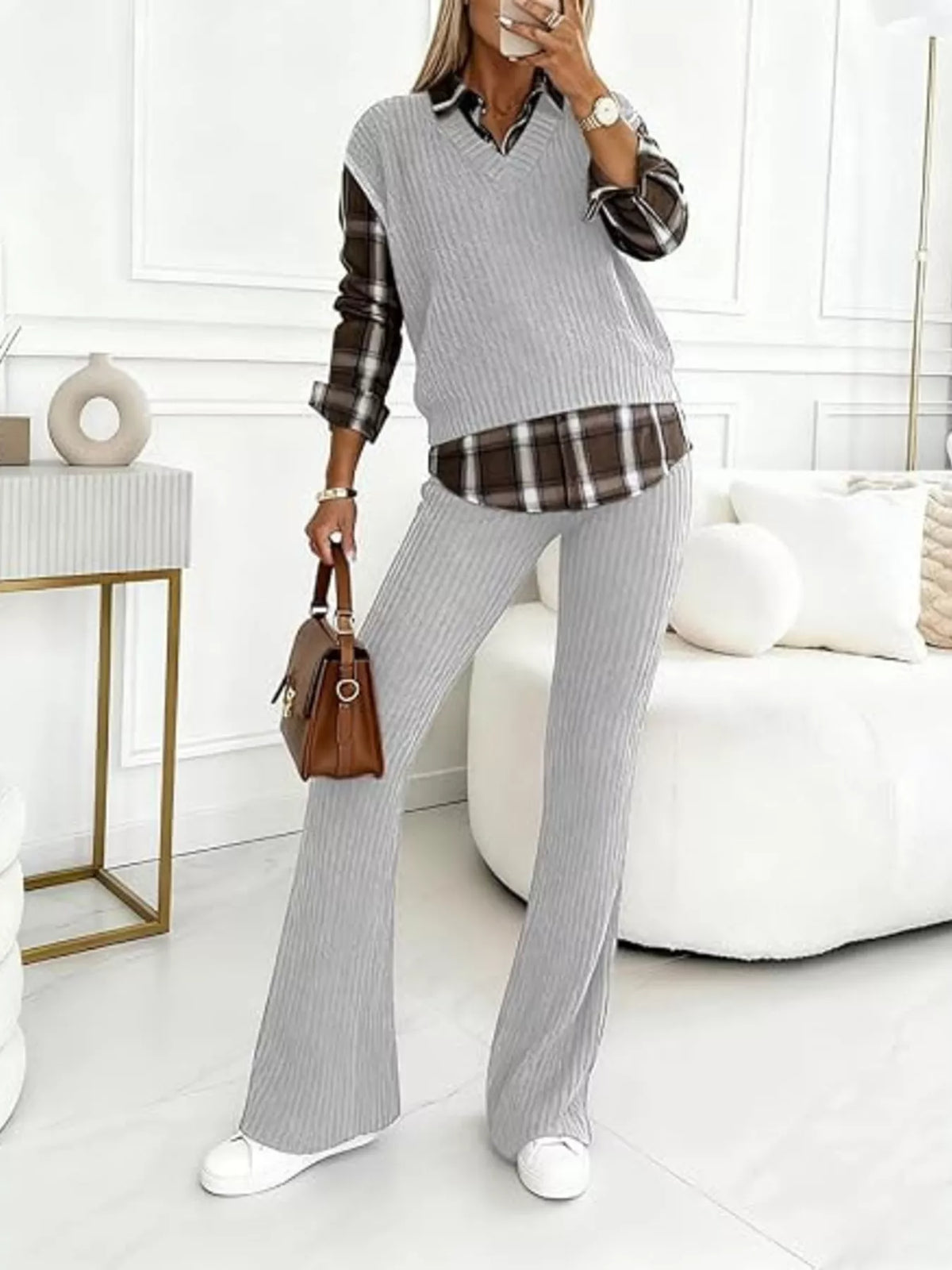 Trendsi Ribbed Knit Plaid Sleeve Top & Pants Set -