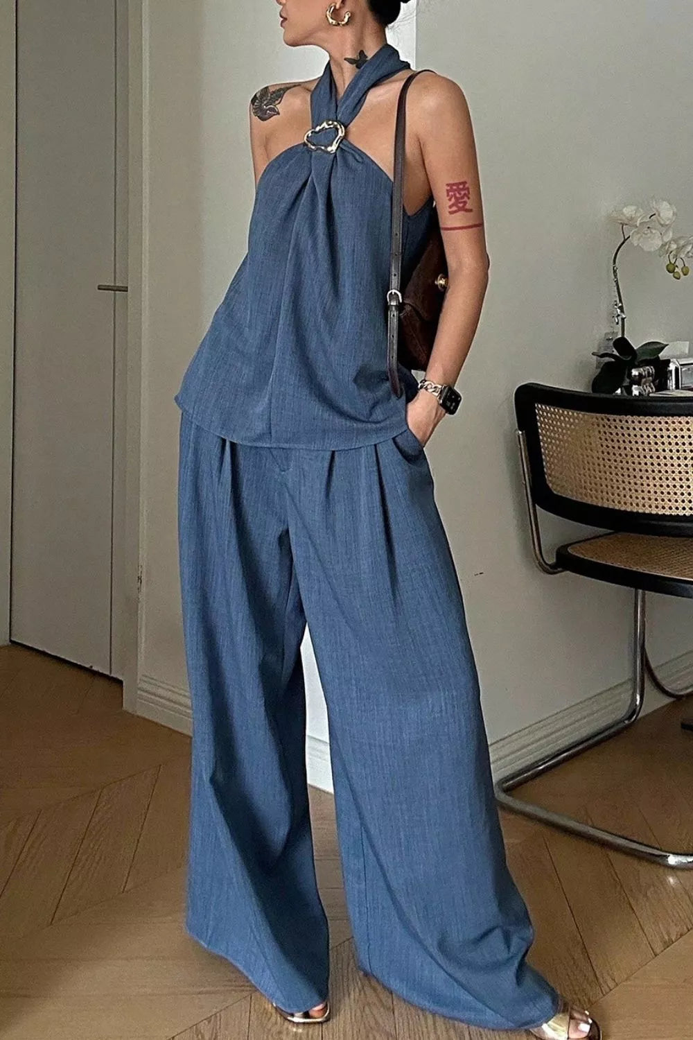 Trendsi Halter Neck Top and Wide-Leg Pants Set -