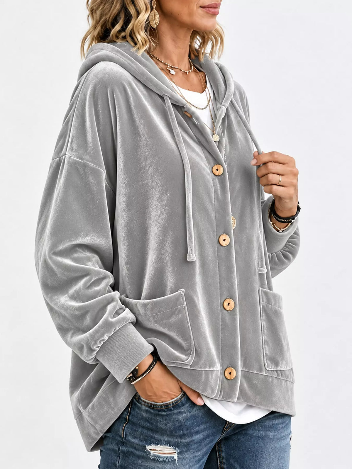 Gray velvet dropped shoulder hoodie, front view