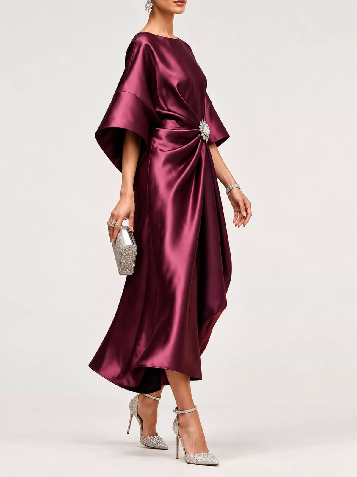 Burgundy satin draped brooch evening dress