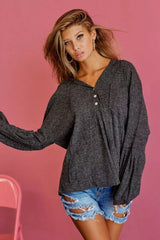 Trendsi BiBi Textured Knit Hoodie with Buttoned Placket -