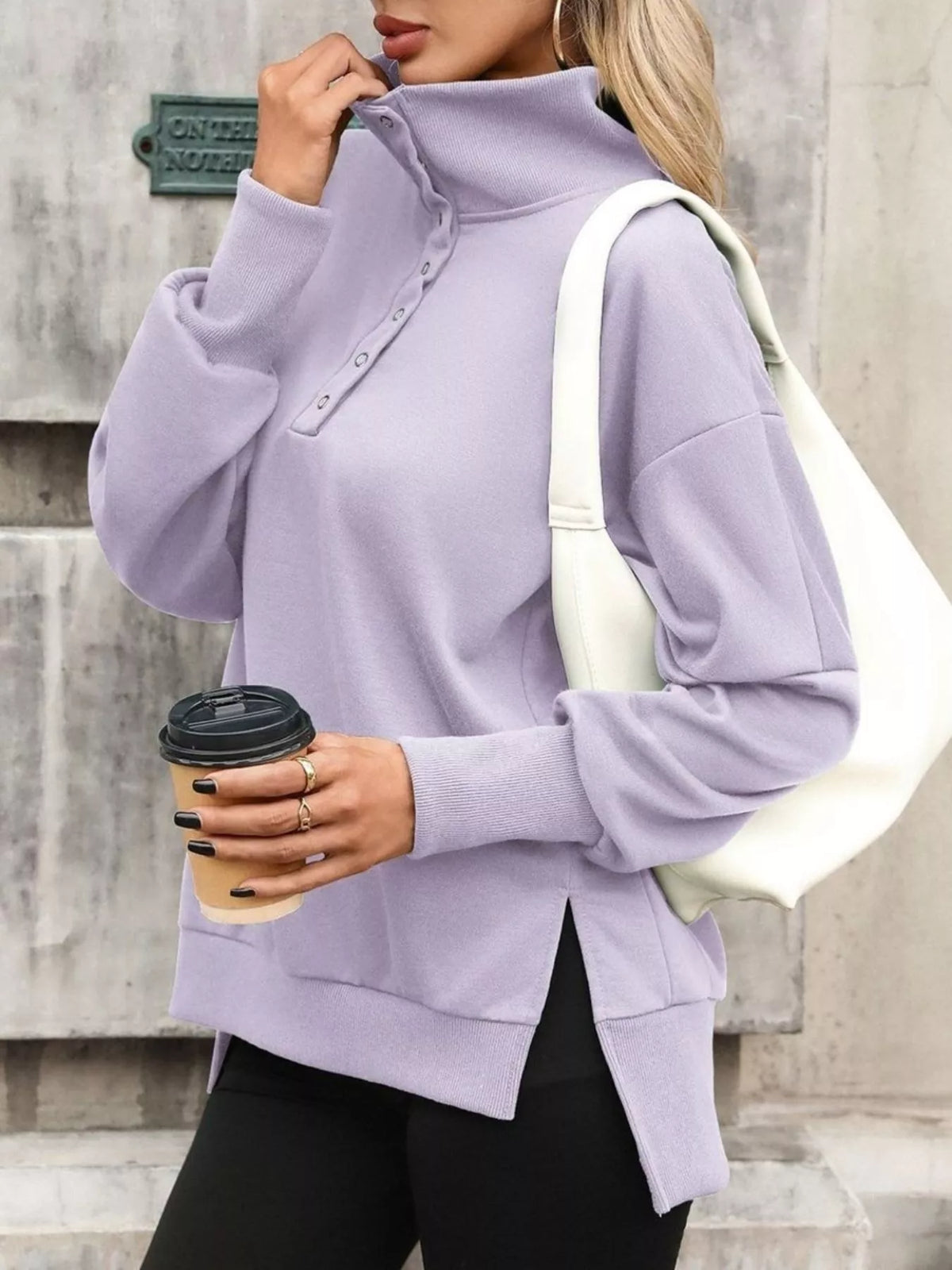 Women's side-slit half-snap sweatshirt