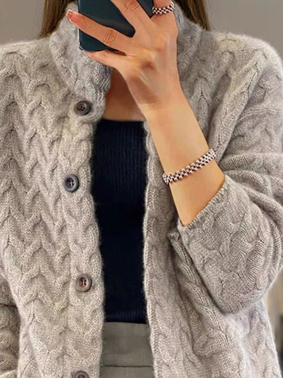 Women's Textured Knit Button-Down Cardigan in gray — front view