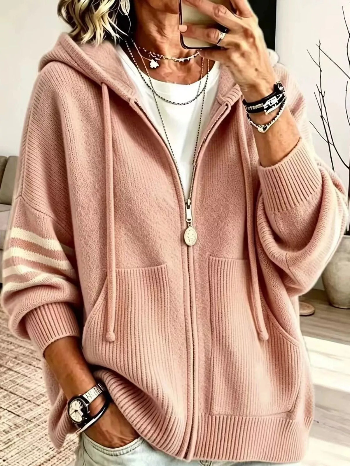 Pink hooded zip-up knit cardigan