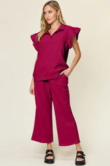 Trendsi Double Take Texture Ruffle Short Sleeve Top and Drawstring Wide Leg Pants Set -