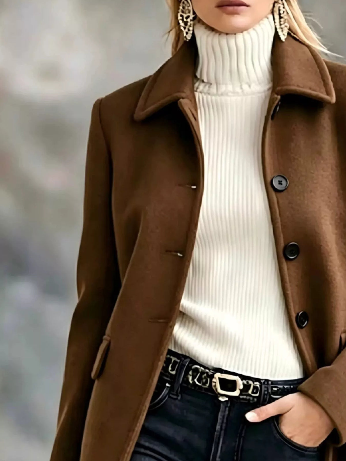 Brown button-up collared neck coat, pointed collar and button front