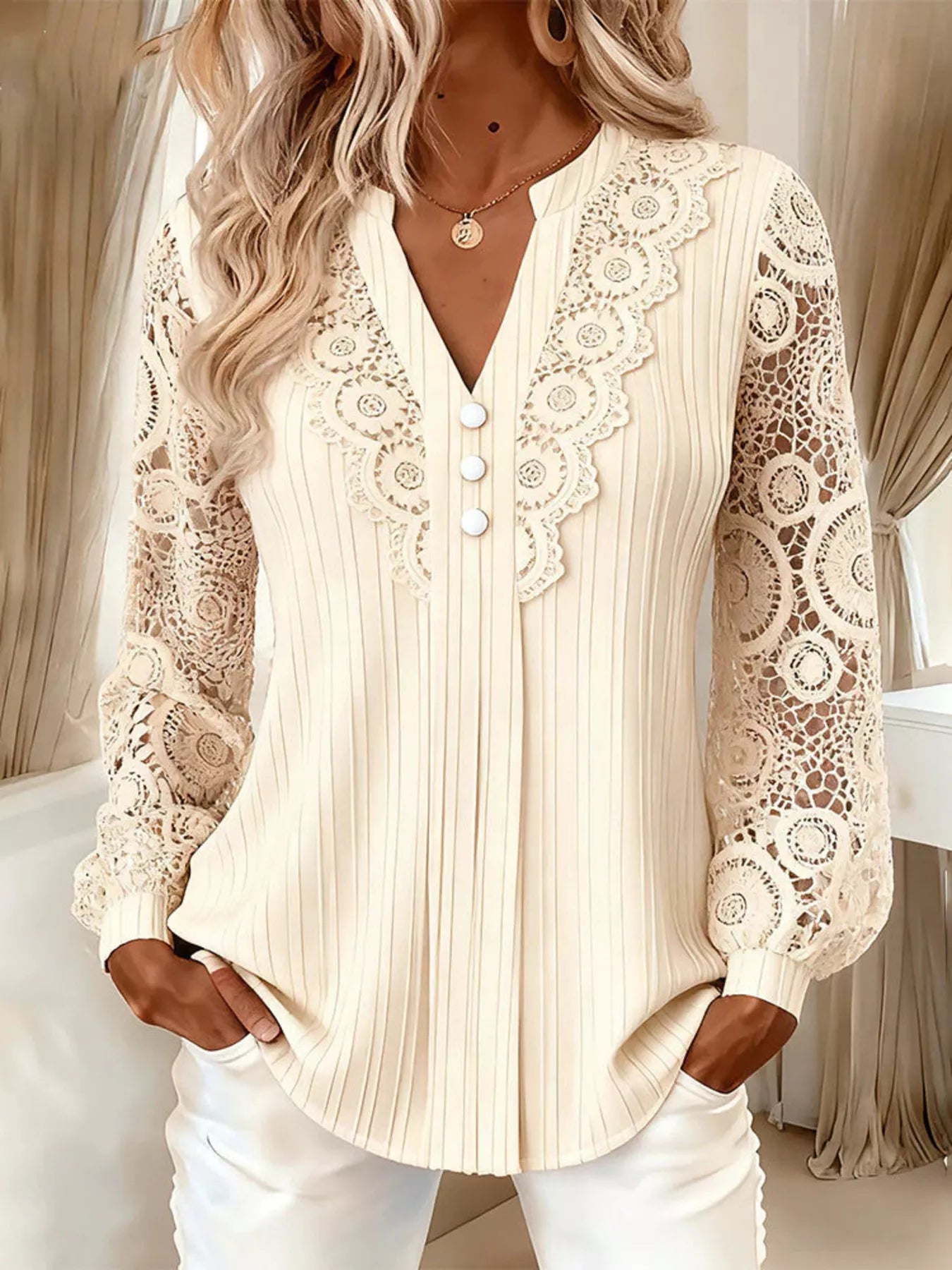 Trendsi Lace Long Sleeve Notched Blouse -