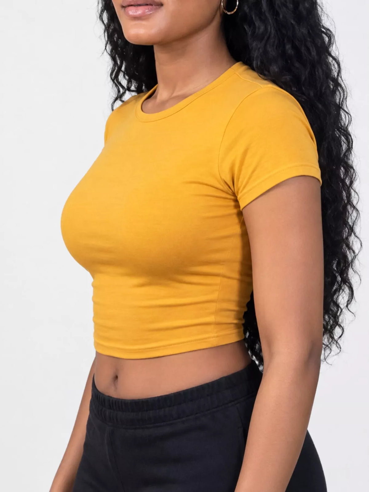 Mustard yellow crew neck crop T-shirt, side view
