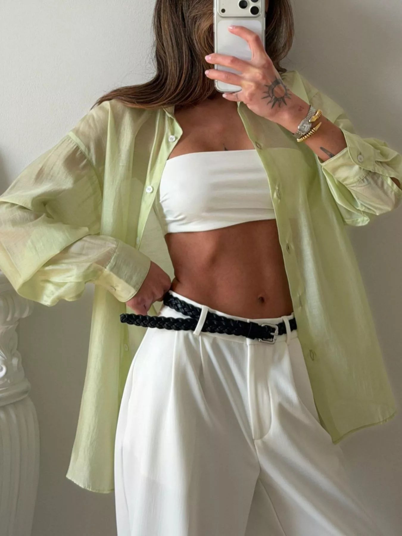Trendsi Sheer Oversized Button-Up Shirt -