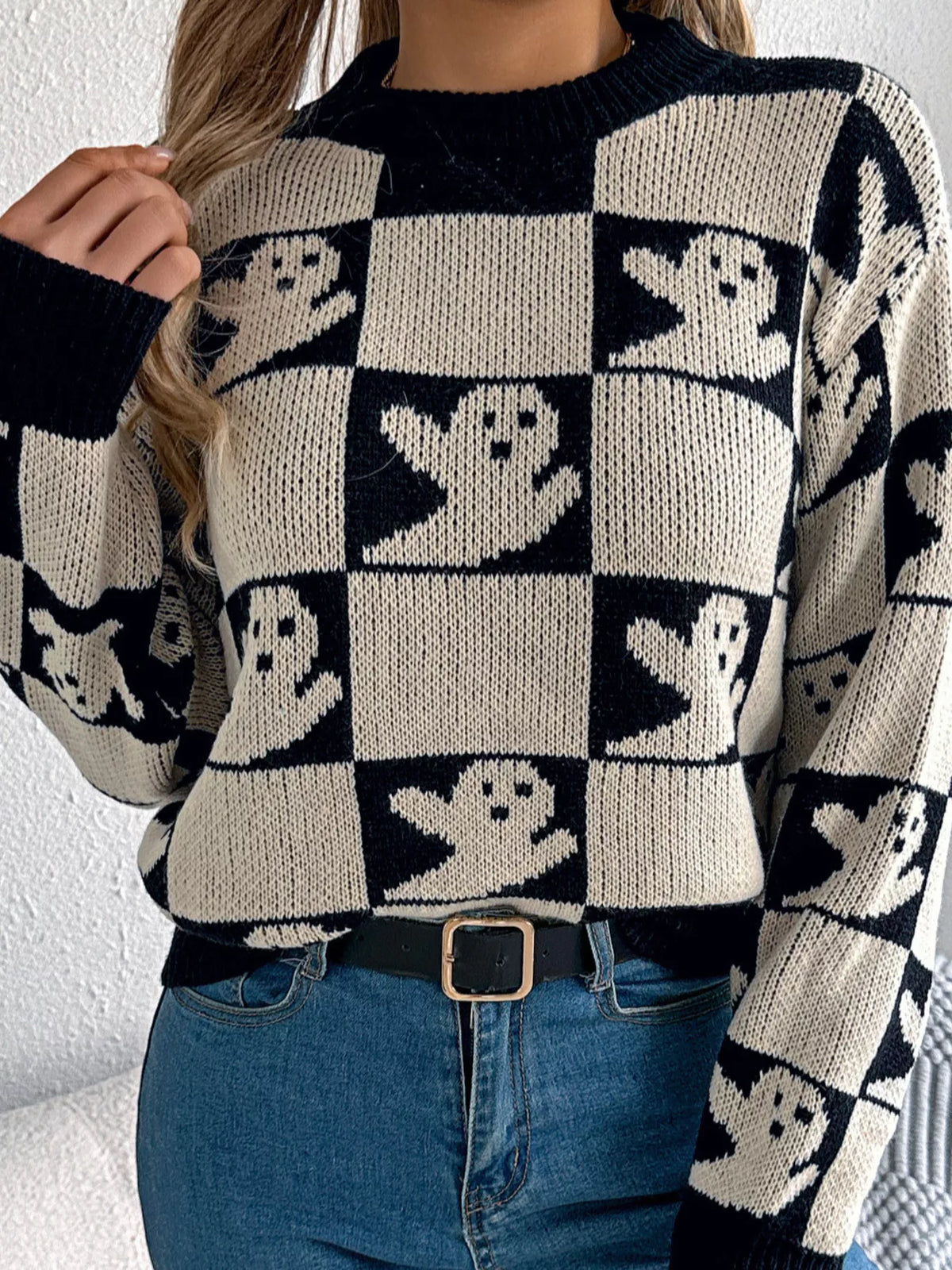 Checkerboard Halloween Graphic Sweater in black ghost, front view