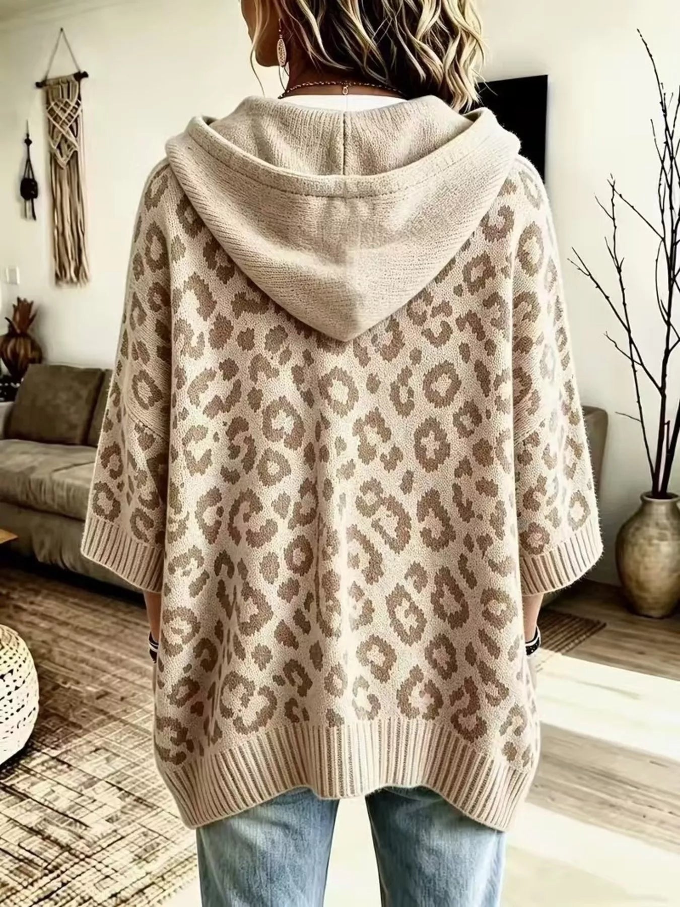 Trendsi Drawstring Leopard Hooded Sweater -