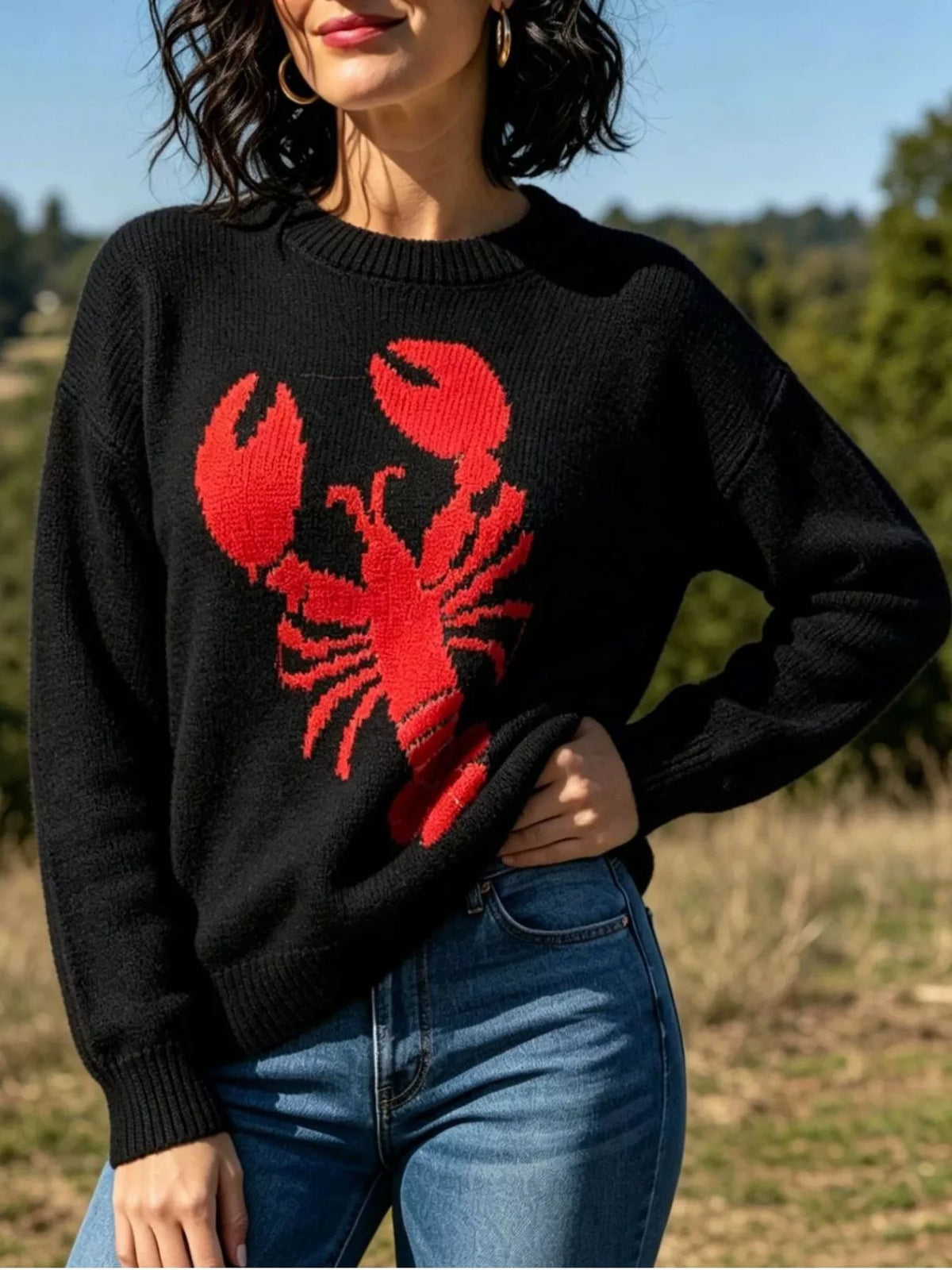 Black lobster graphic crew neck sweater