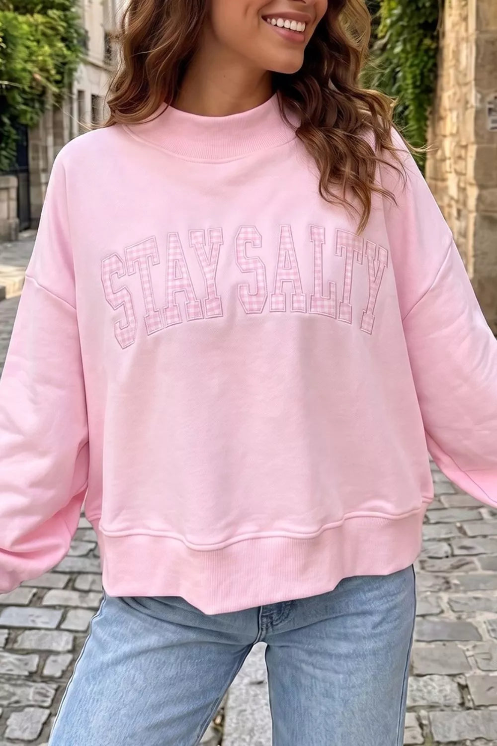 Trendsi Embroidered Long Sleeve Stand Neck Shift Pullover Sweatshirt -