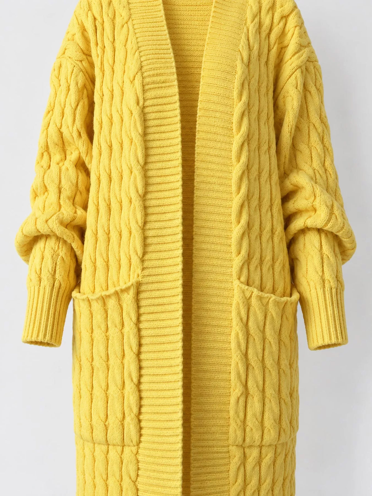 Yellow cable-knit longline open-front cardigan