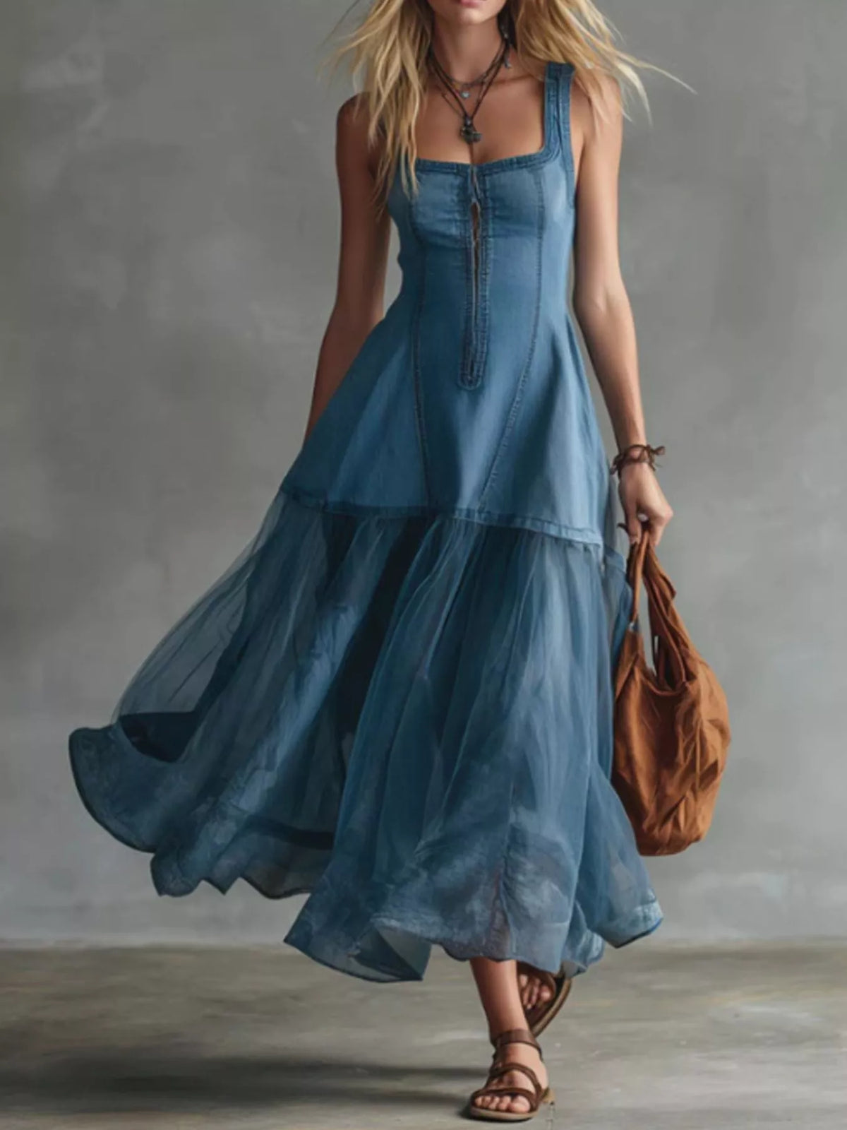 Trendsi Sleeveless Tulle Patchwork Denim Dress -