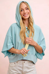 Trendsi BiBi Washed Terry Short Sleeve Drawstring Hoodie Top -