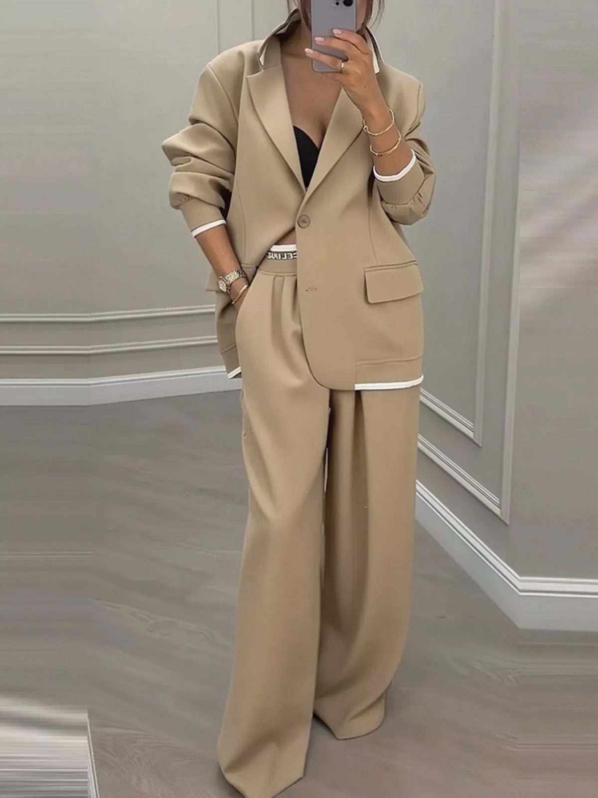 Khaki contrast-trim blazer and wide-leg pants set