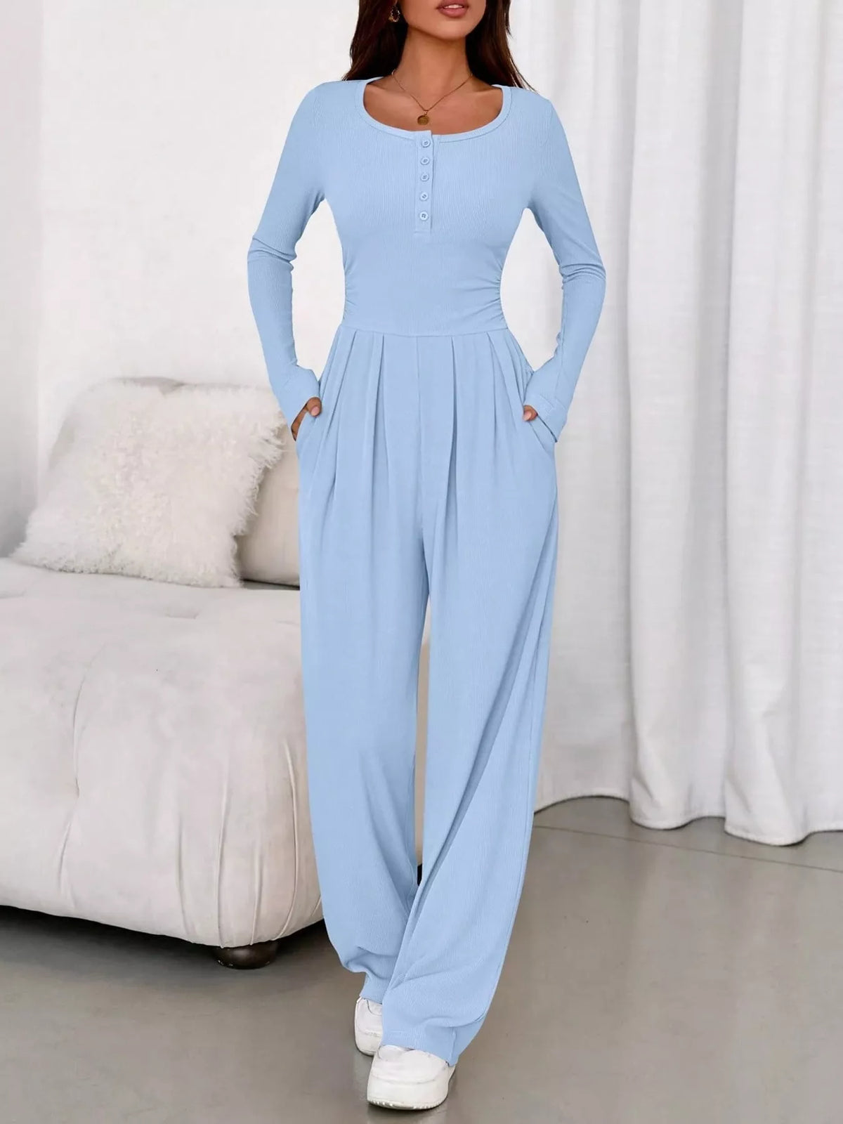 Long Sleeve Ribbed Knit Wide-Leg Jumpsuit — front view