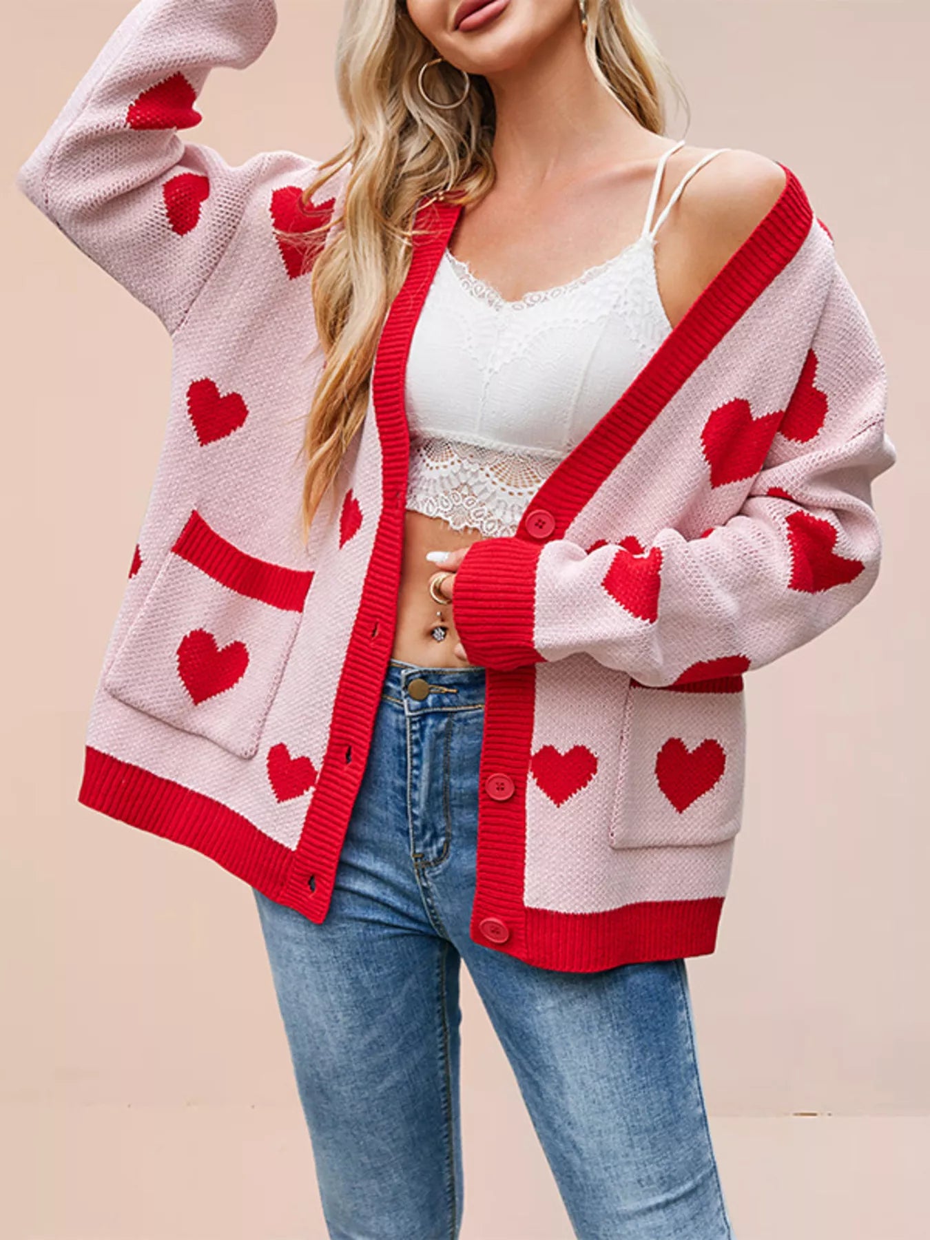 Trendsi Heart Pattern V-Neck Button-Down Knit Cardigan -