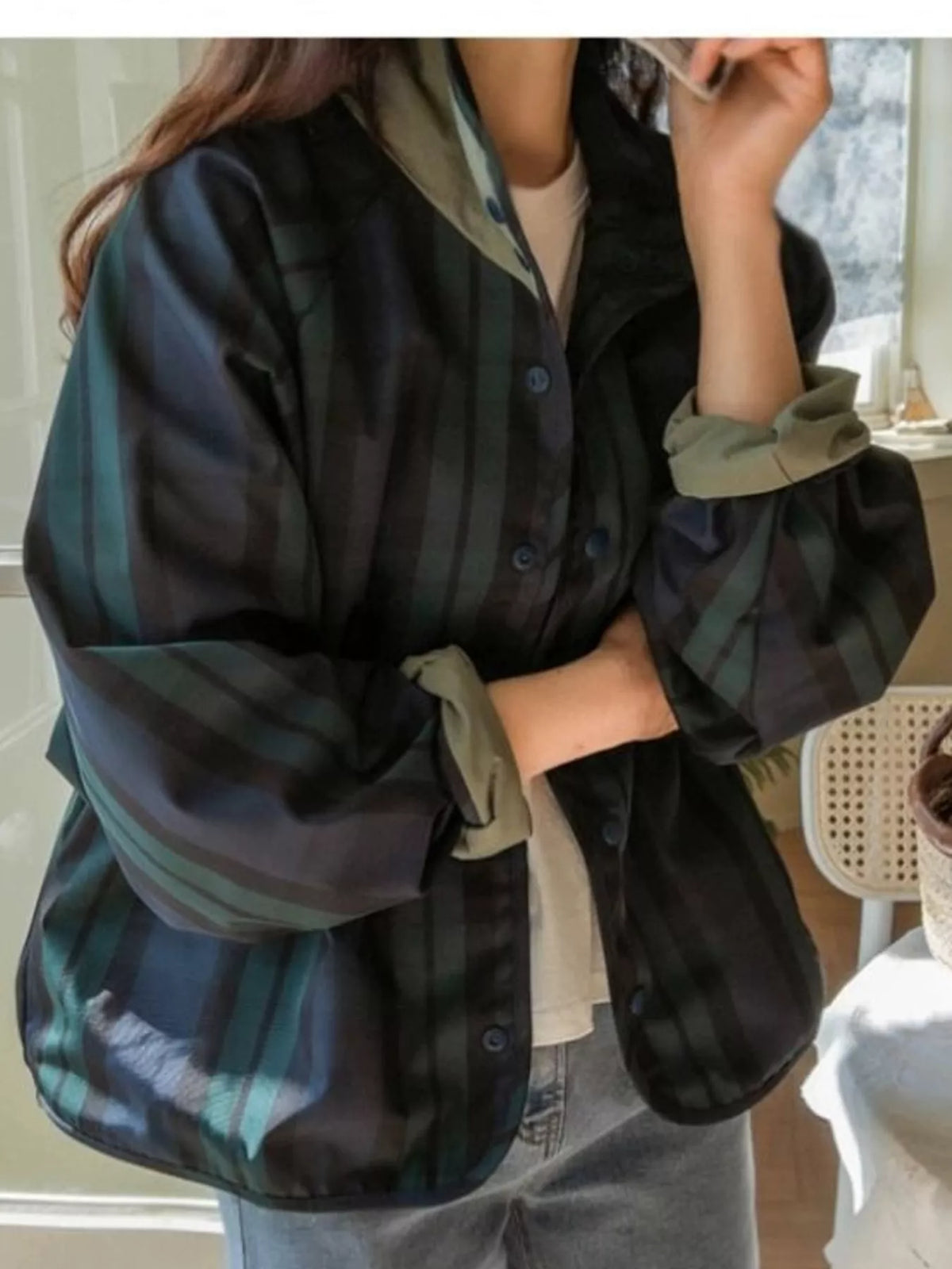 Reversible Jacket with Contrast Plaid Detailing in khaki