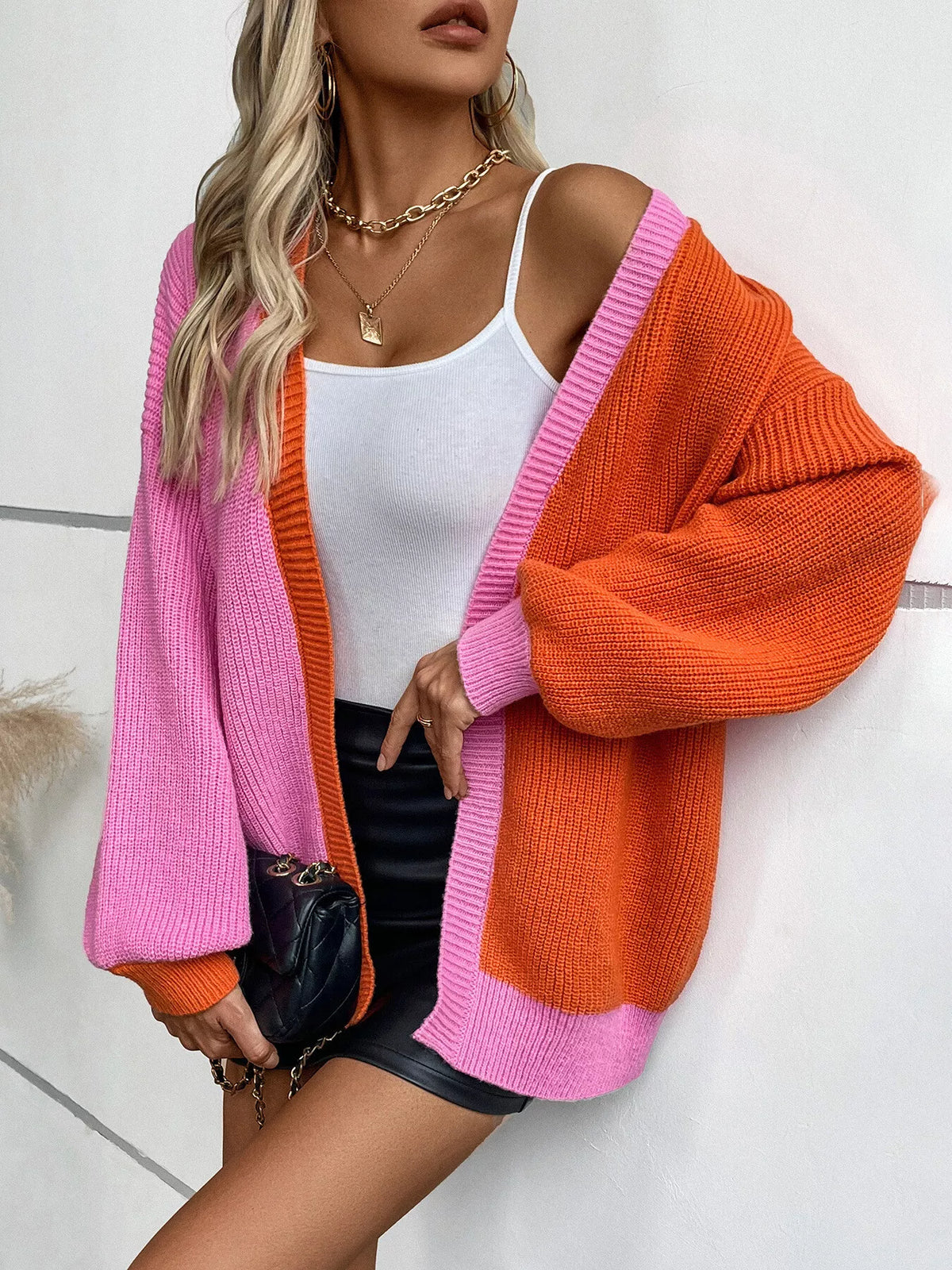 long sleeve cardigan, front view on model