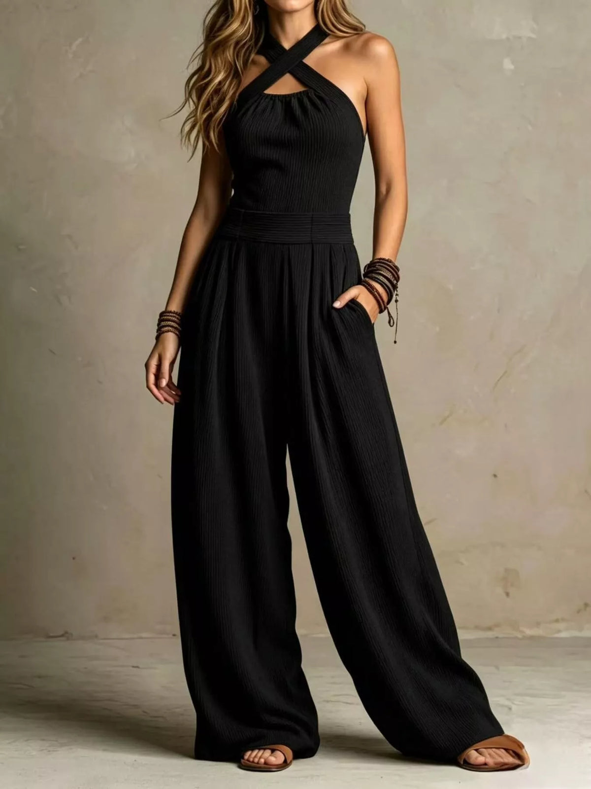Black Halter Neck Wide-Leg Jumpsuit front view