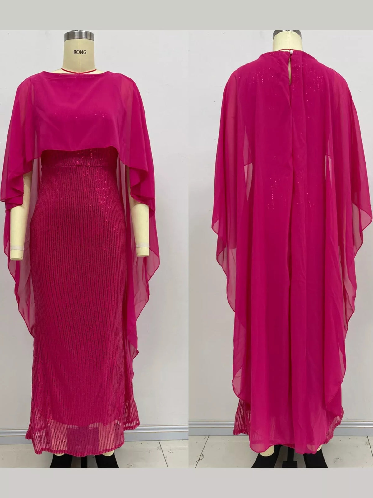 Women's Sequin Cape Overlay Evening Dress in fuchsia — mannequin collage view