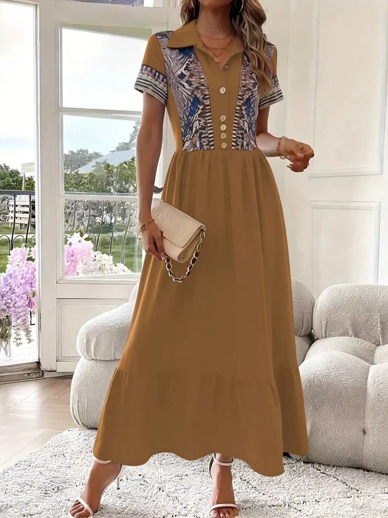 Trendsi Printed Button-Front Maxi Dress -