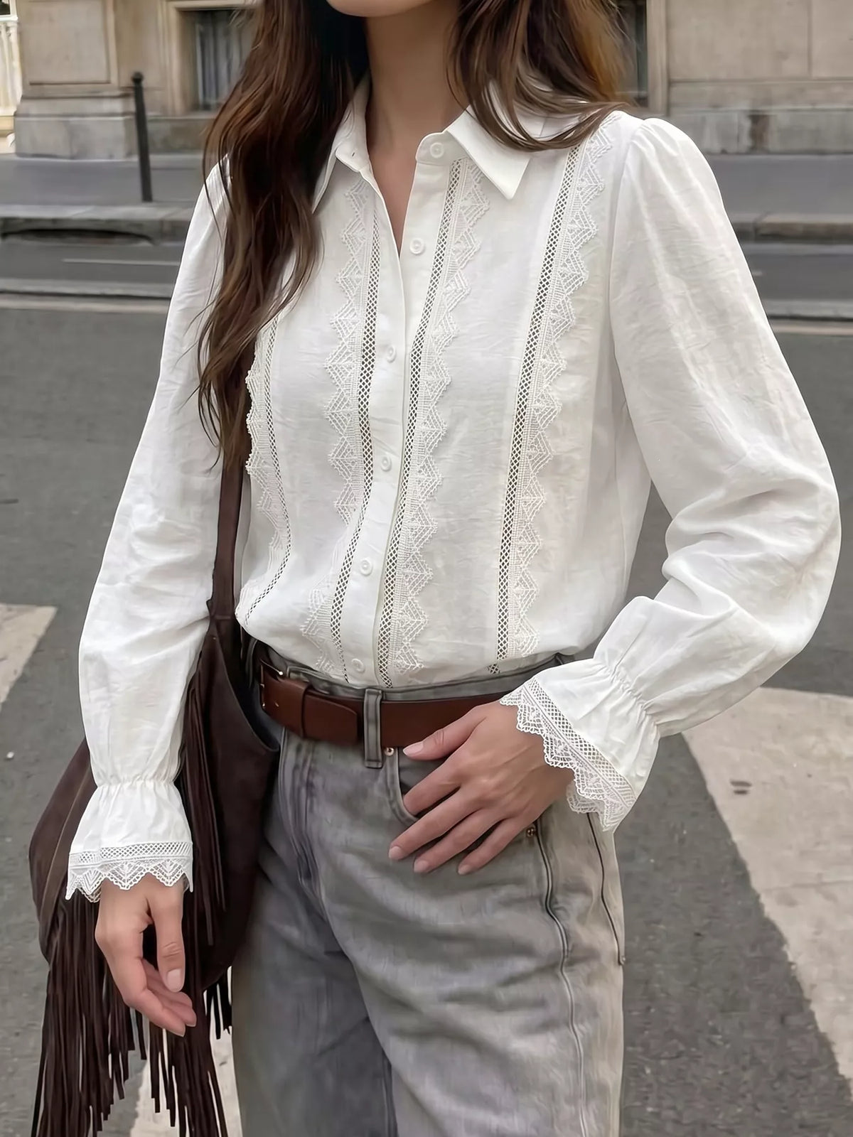 White lace-trimmed button-down shirt, front view