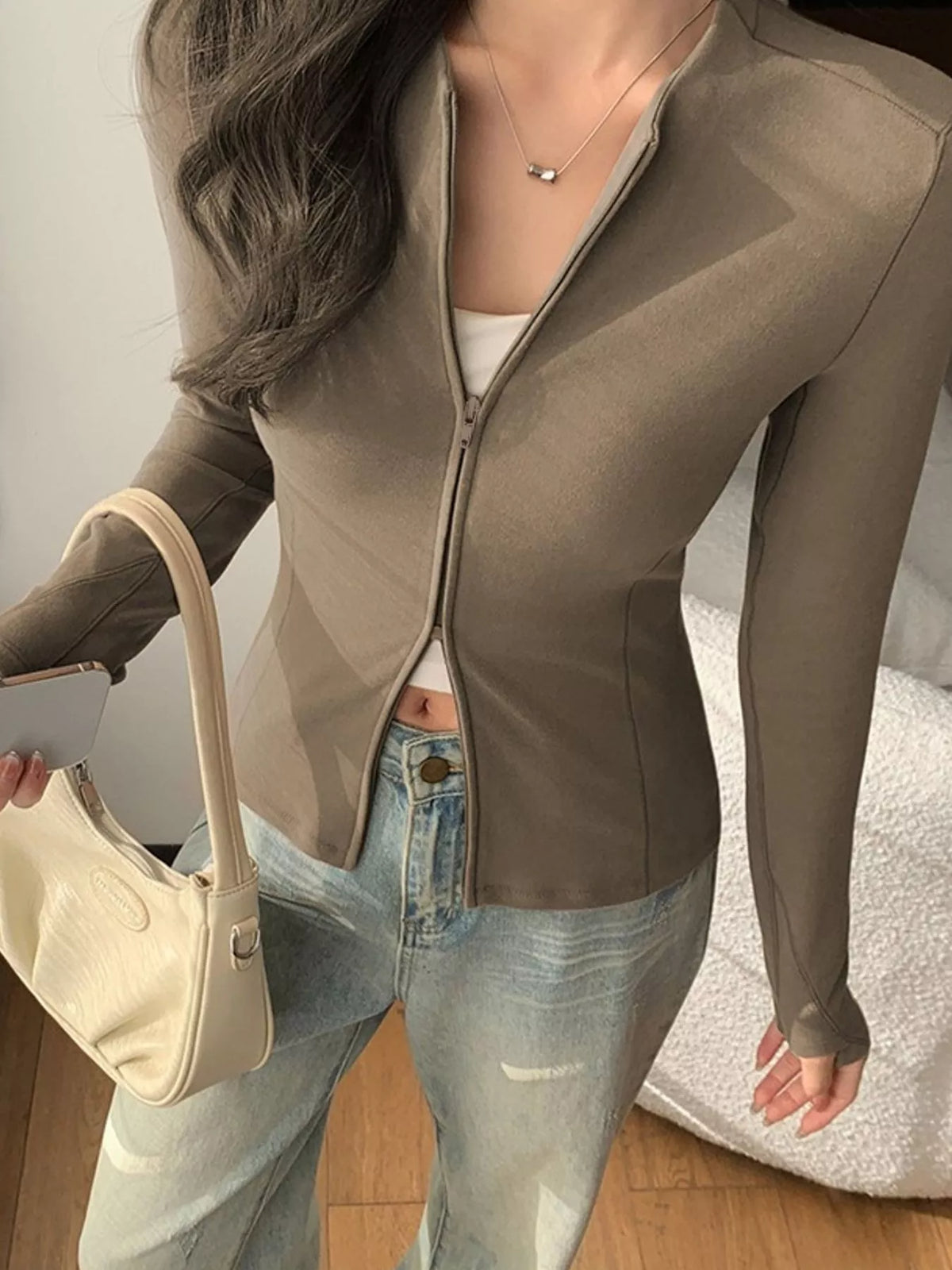 Taupe slim-fit zip-up long sleeve jacket — front view
