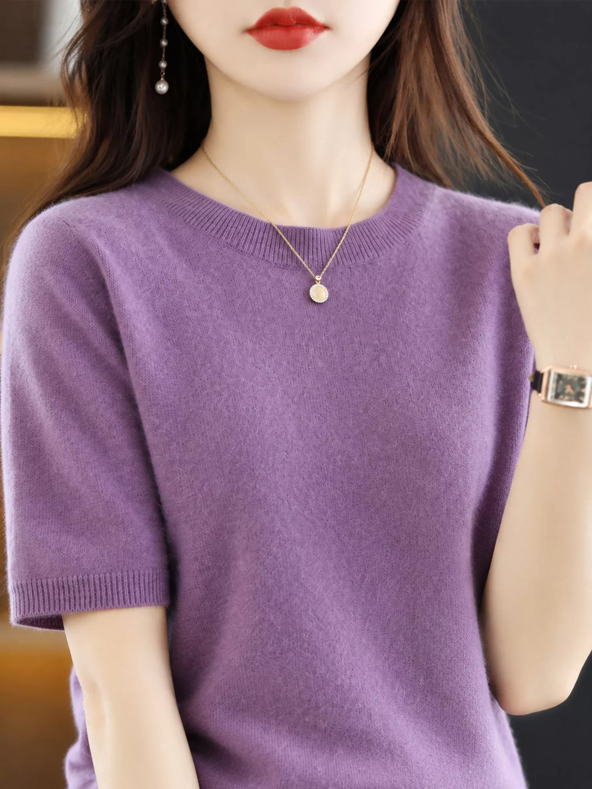 Purple round neck short sleeve sweater