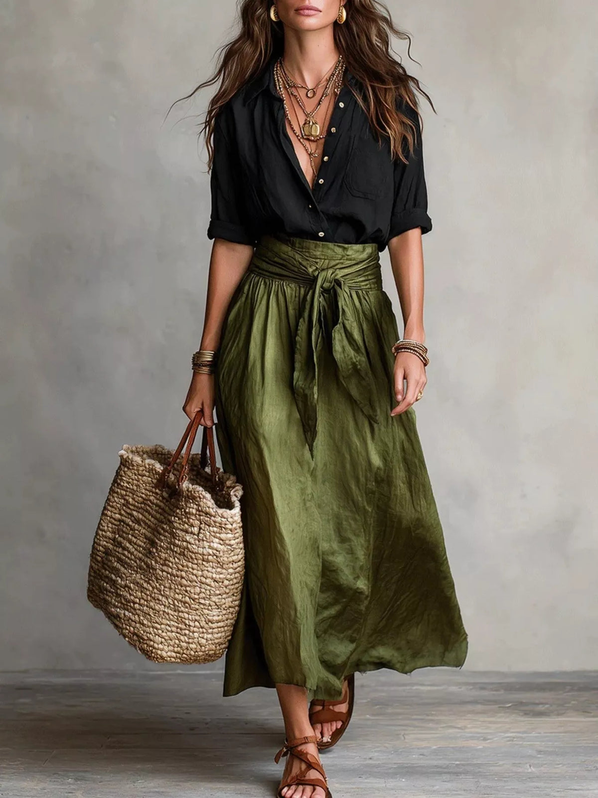 Black and olive green button-front shirt and skirt set, full front view