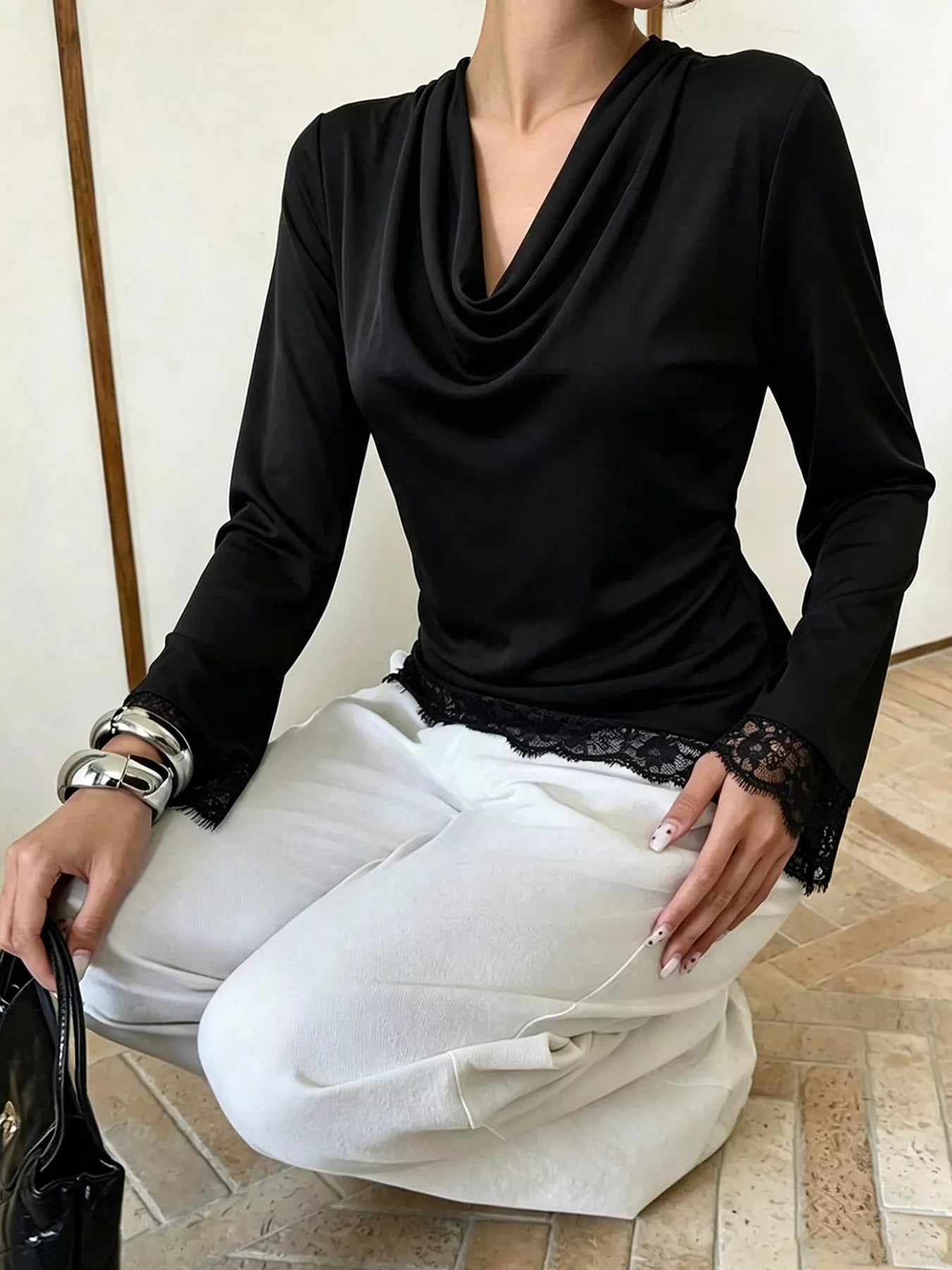 Trendsi Lace Trim Cowl Neck Blouse -