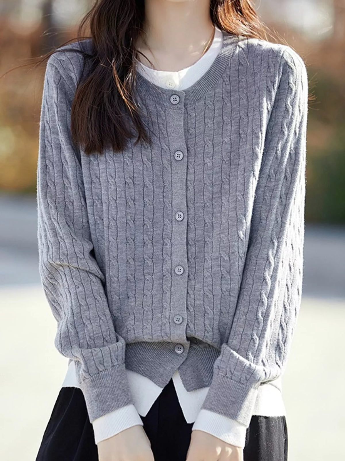 Gray cable-knit button-down cardigan