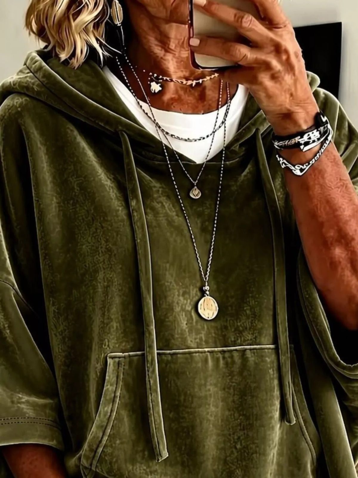 Olive velvet kangaroo pocket drawstring hoodie