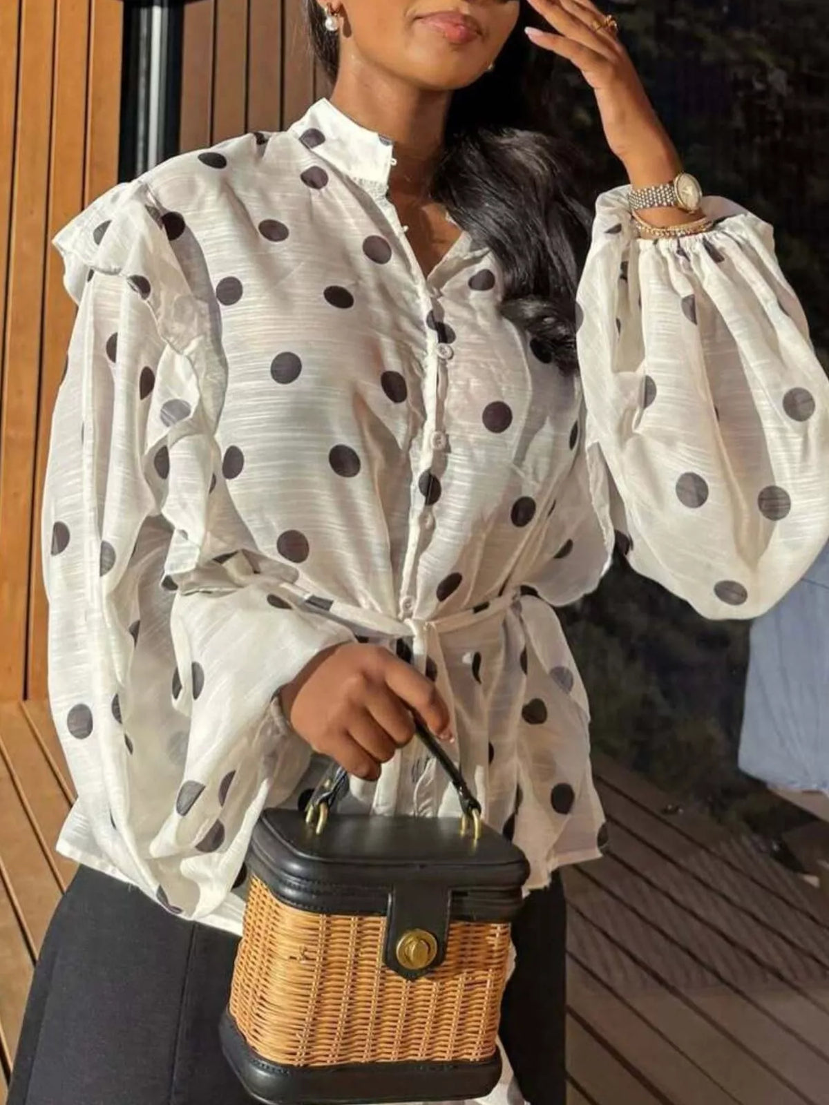 Collared long sleeve blouse, front view on model