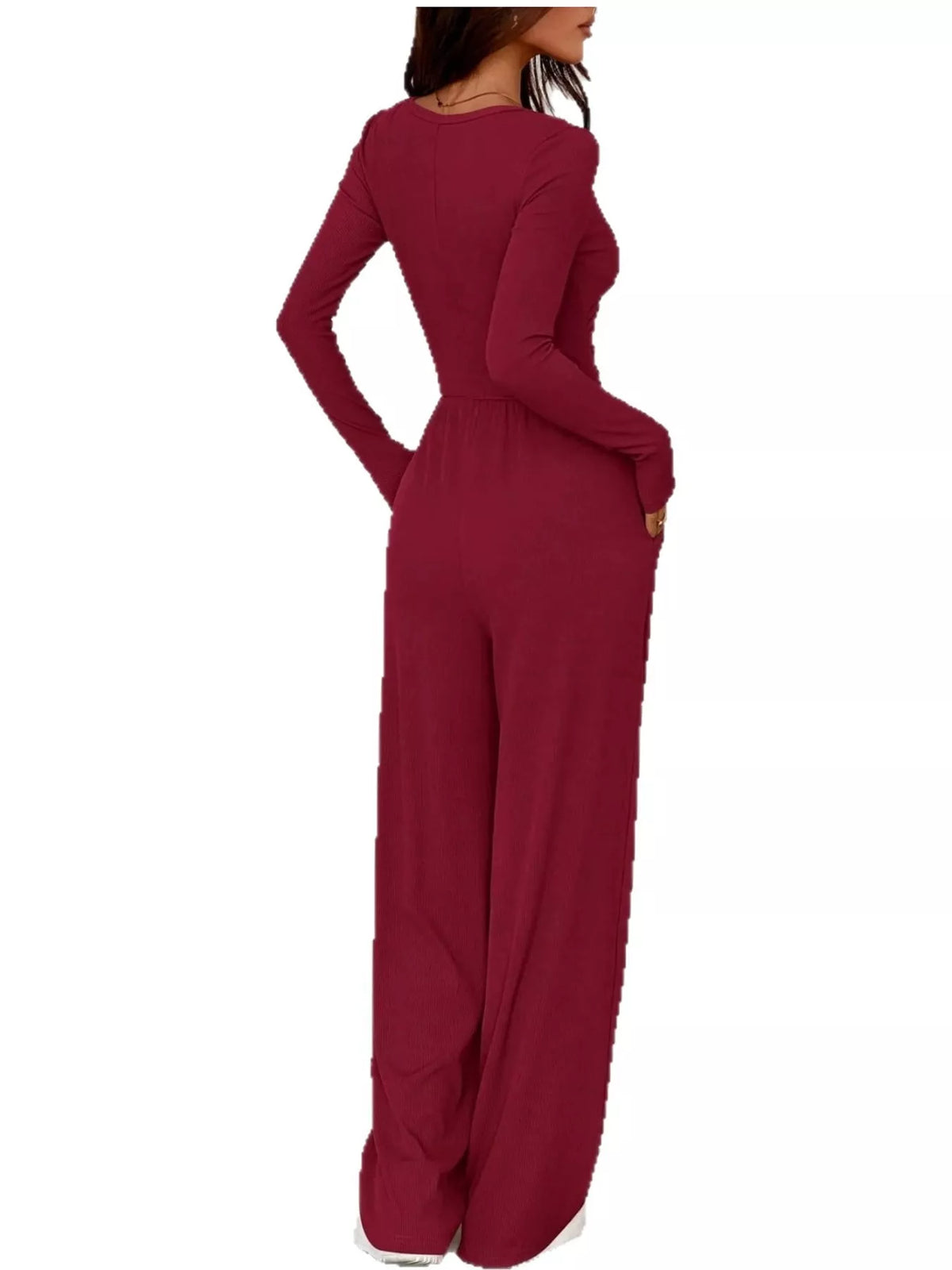 Long Sleeve Ribbed Knit Wide-Leg Jumpsuit — back view