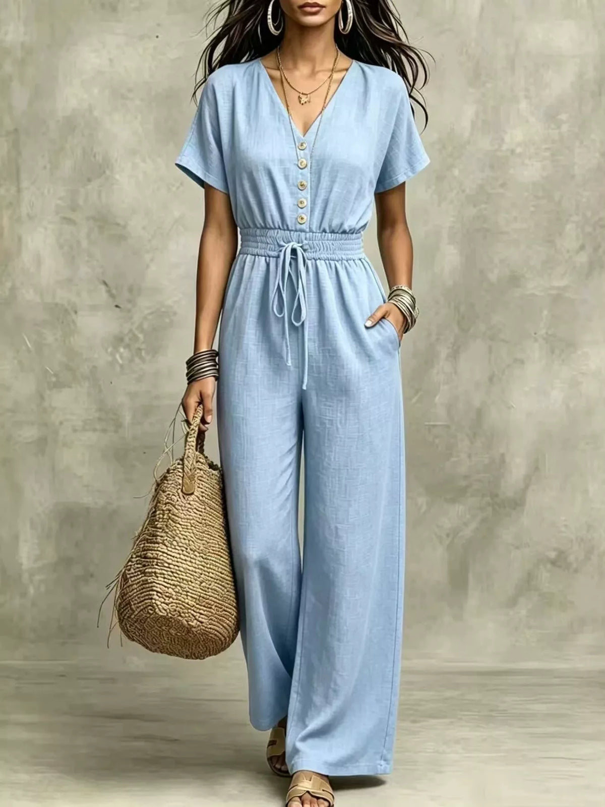 Light blue wide-leg short-sleeve jumpsuit