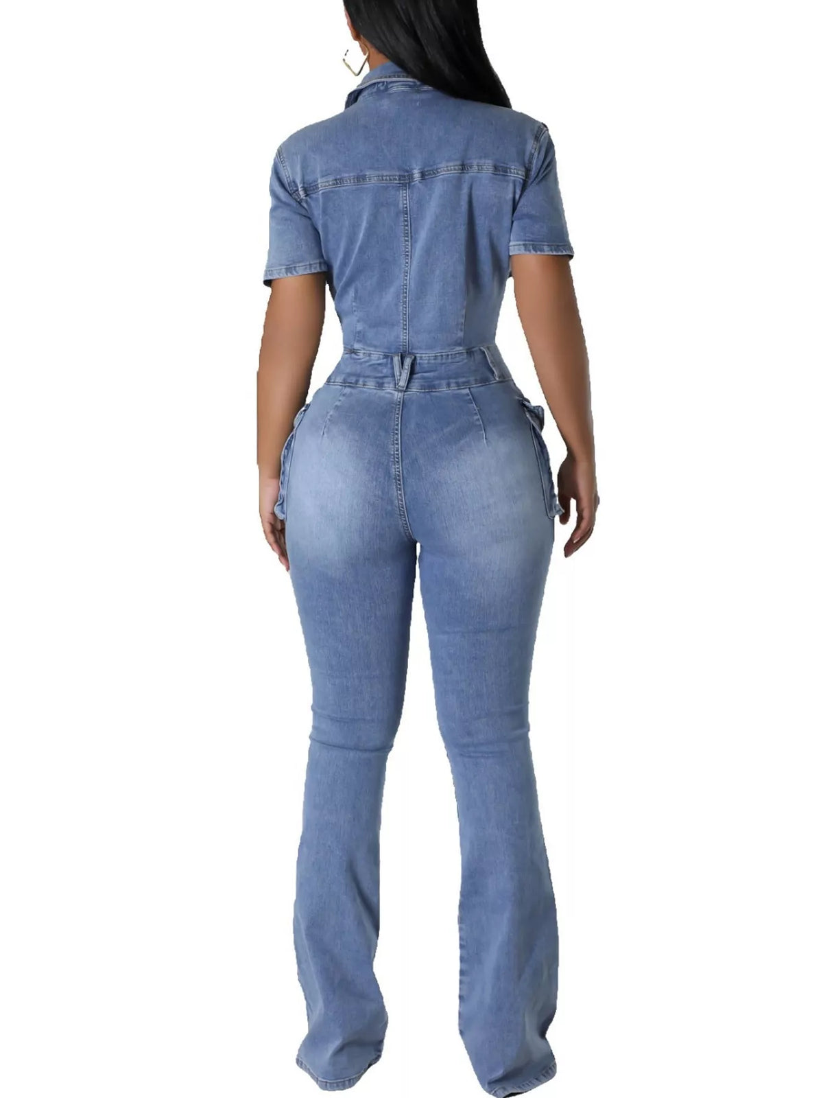 Blue flared denim cargo jumpsuit, back view