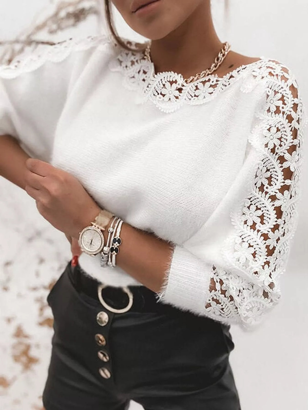 Women's Lace-Trimmed Long Sleeve Sweater in white — front view