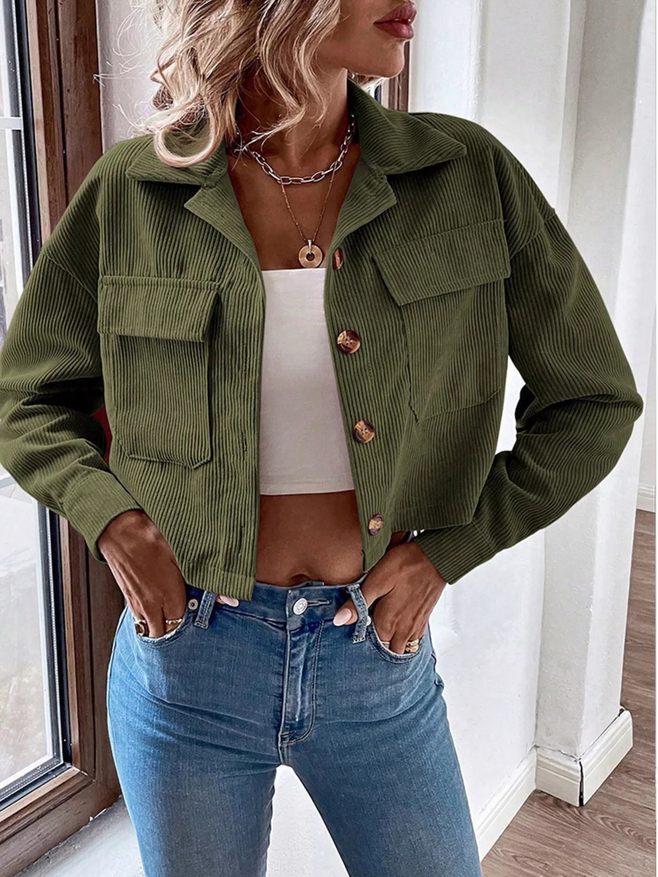Trendsi Cropped Corduroy Button-Down Jacket -