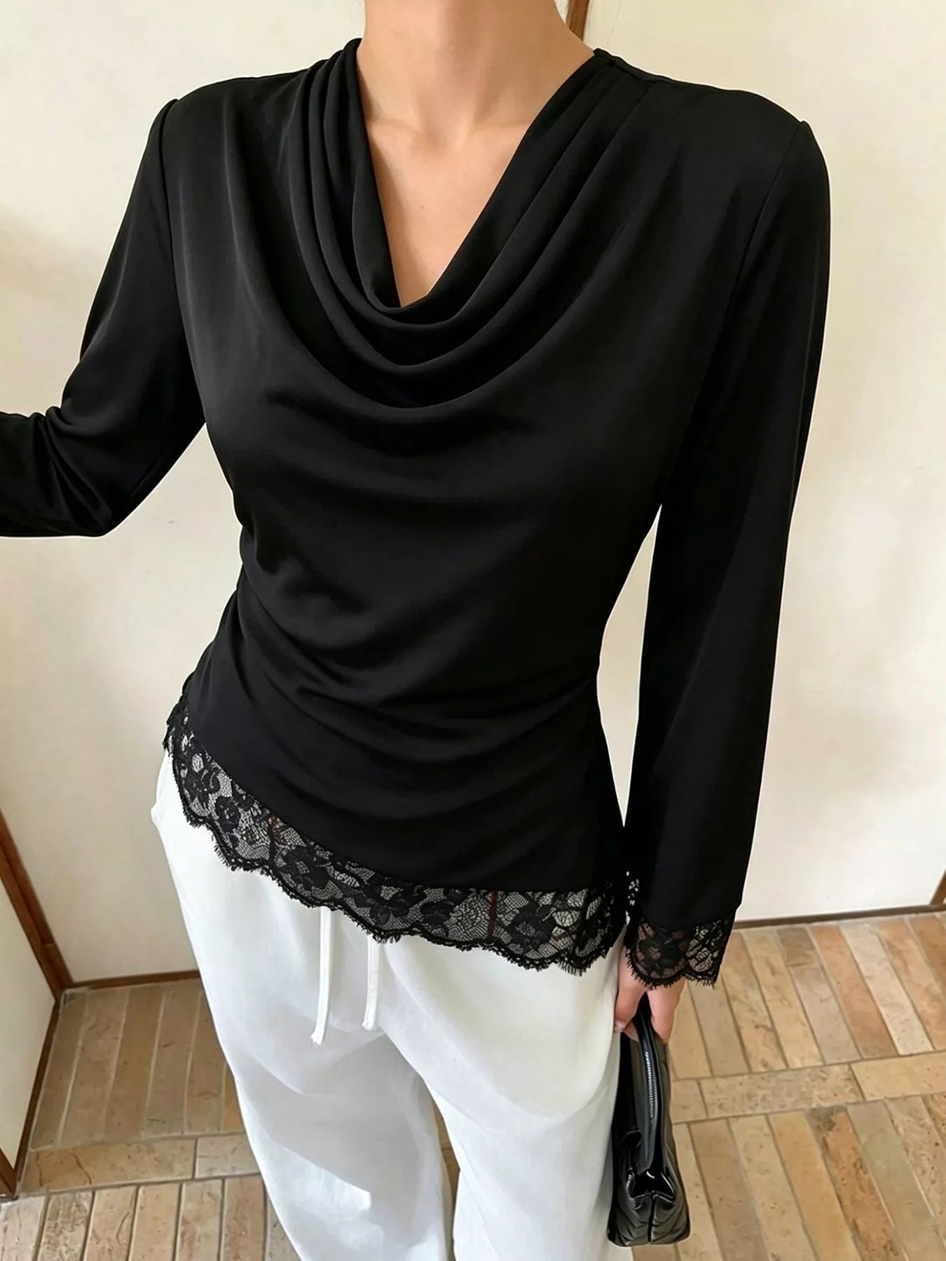 Trendsi Lace Trim Cowl Neck Blouse -