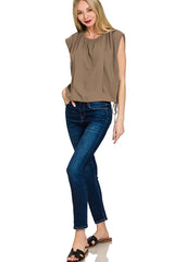 Trendsi Zenana Woven Drawstring Tie Side Sleeveless Top -