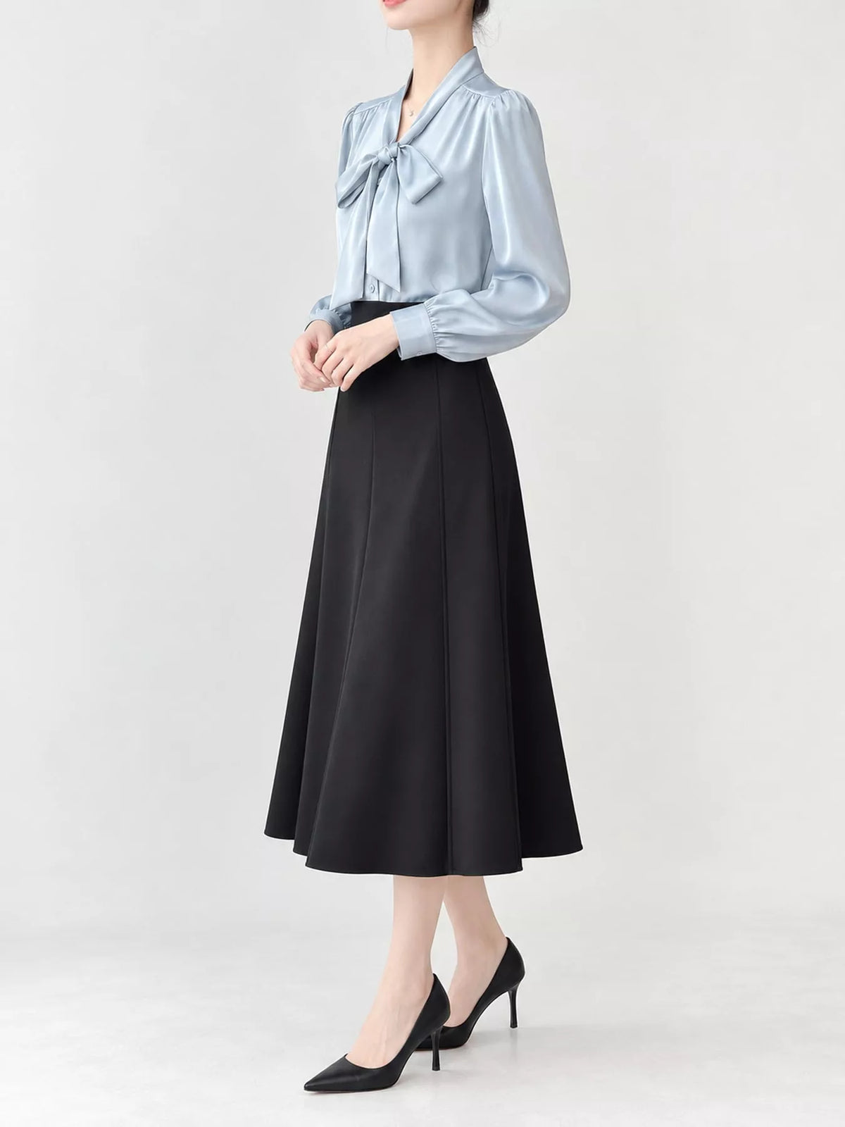 Blue tie front shirt, side view