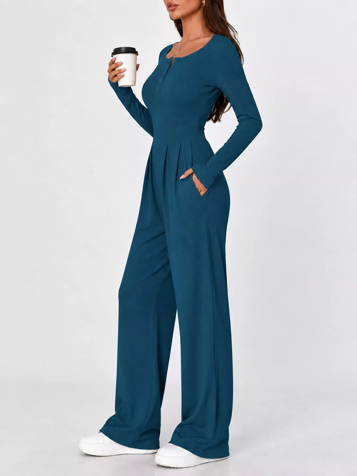Long Sleeve Ribbed Knit Wide-Leg Jumpsuit — side view