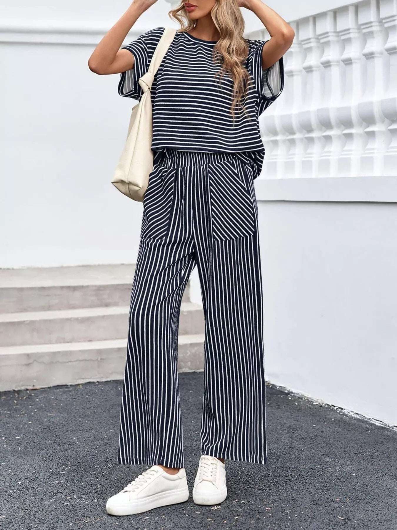 Trendsi Casual Striped Short Sleeve Top and Wide Leg Pants Two-Piece Set -