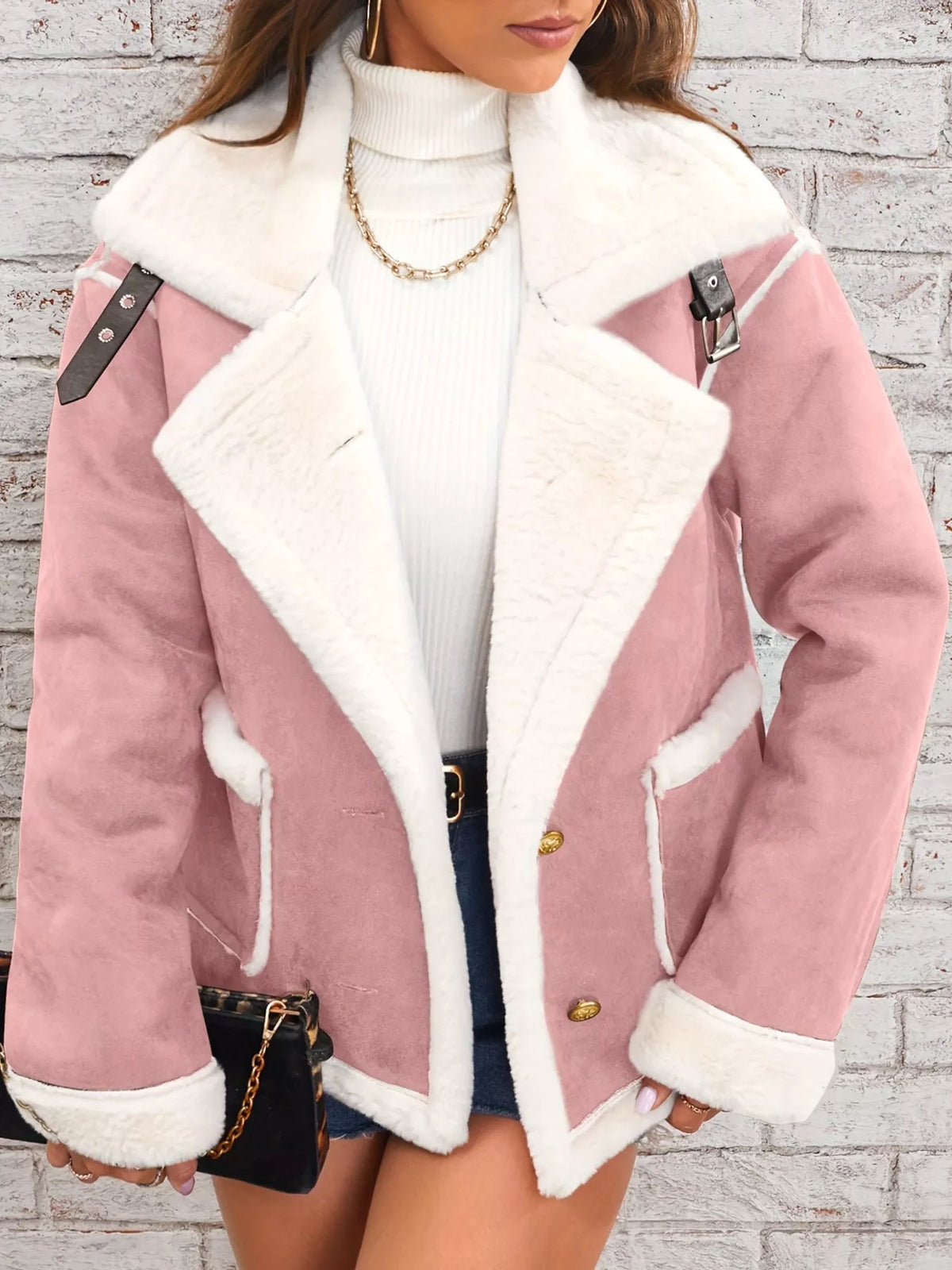 Pink plush-lined button-front jacket — front view