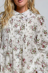 Trendsi POL Floral Lace Trim Pintuck Button-Down Shirt -